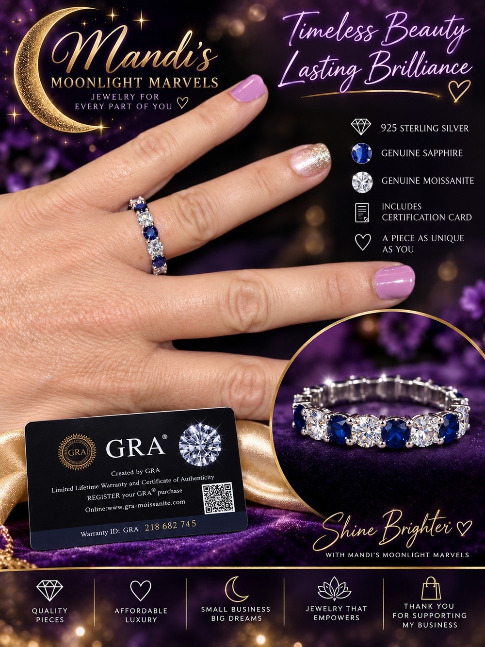 Sapphire & Moissanite Sterling Silver Eternity Ring - Size 7